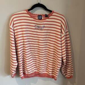 Vintage GAP Floral Embroidered Striped Sweater, Salmon & Cream, Size M
